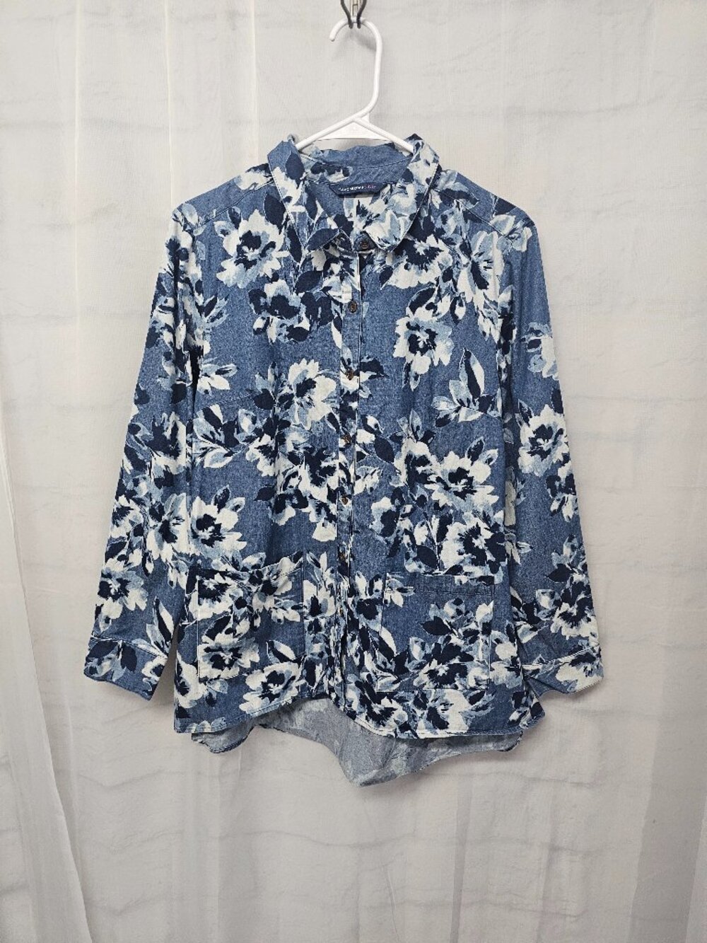 Isaac Mizrahi Live Blouse Blue Floral Button Up Cottage Boho 12